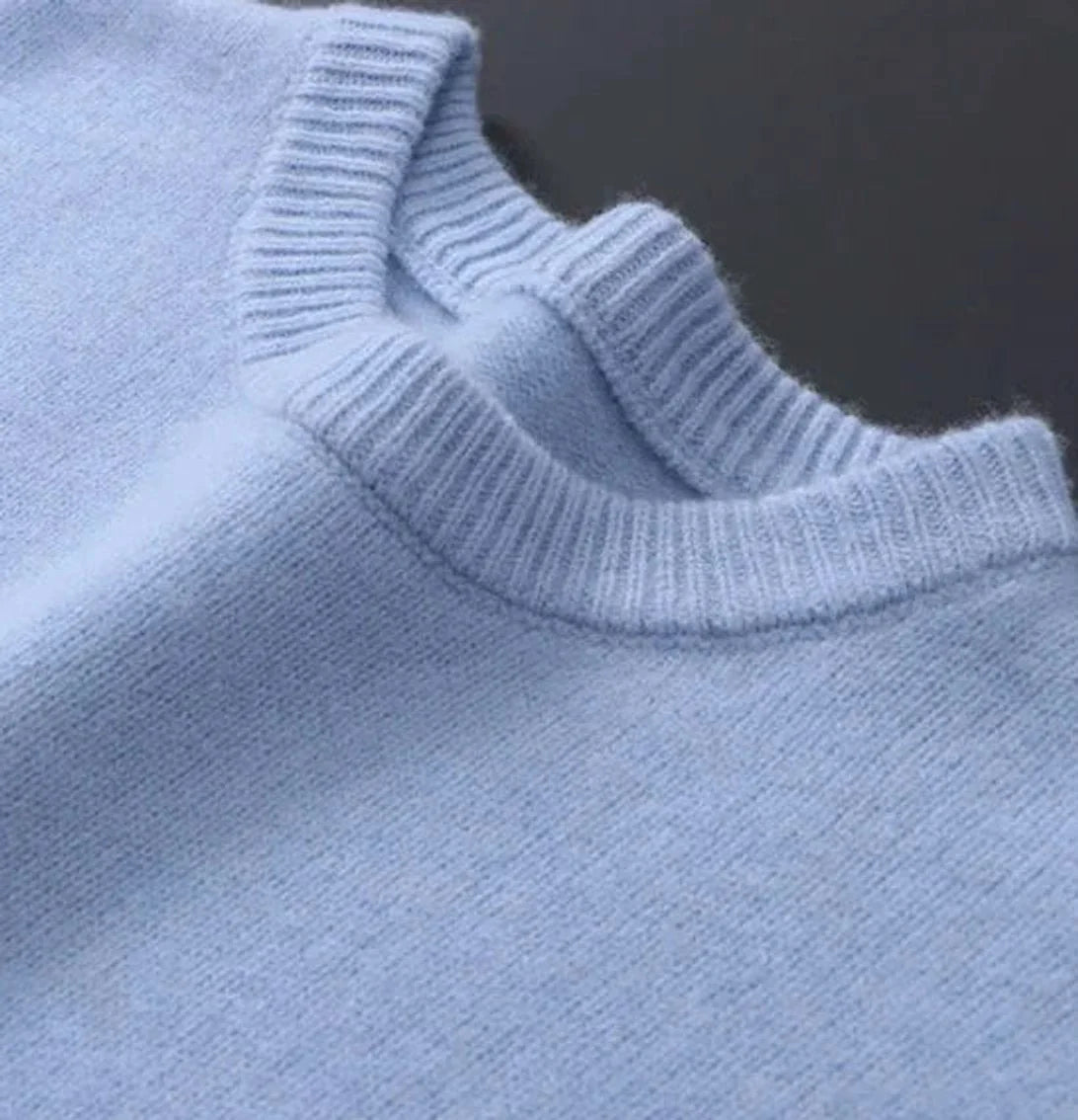 Light Blue Men's Everyday Crew Neck Sweater in Soft Mohair with Ribbed Trim — Ethan - Close Up Collar