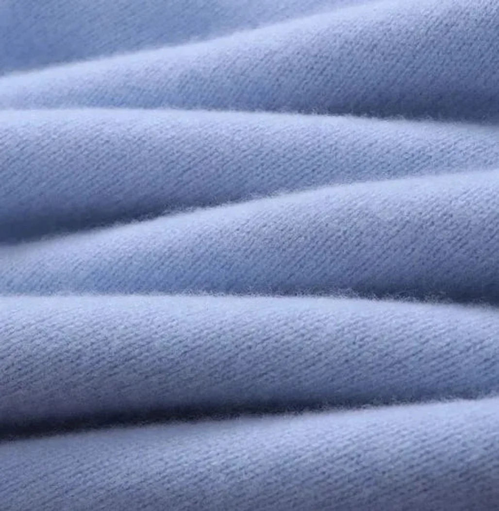 Light Blue Men's Everyday Crew Neck Sweater in Soft Mohair with Ribbed Trim — Ethan - Fabric Texture