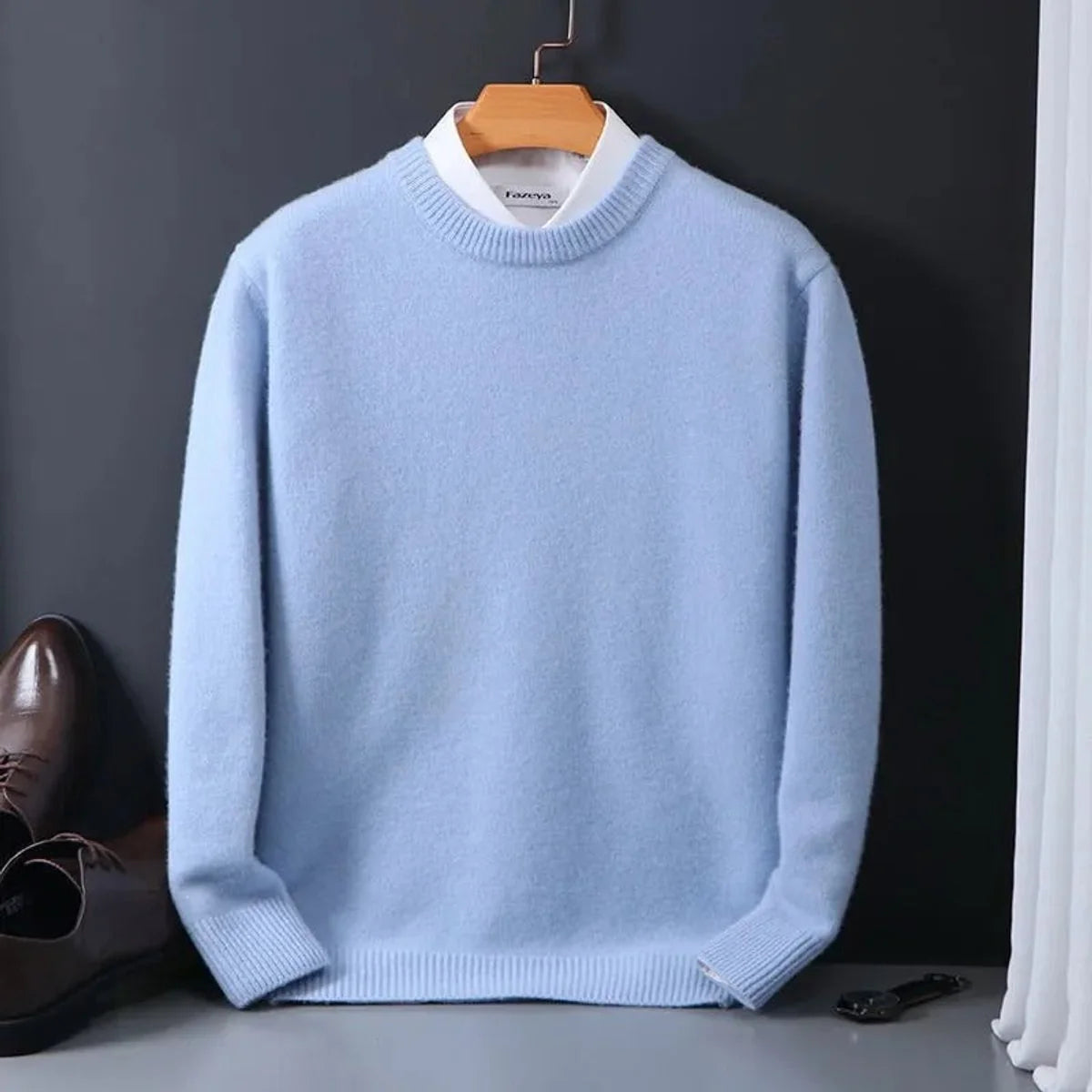 Light Blue Men's Everyday Crew Neck Sweater in Soft Mohair with Ribbed Trim — Ethan - Front Full