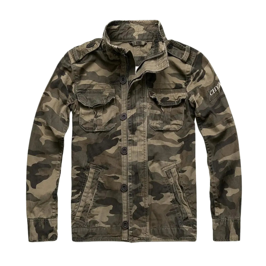 Brown Men's Denim Jacket with Button-Front Chest Pockets & Zip Closure