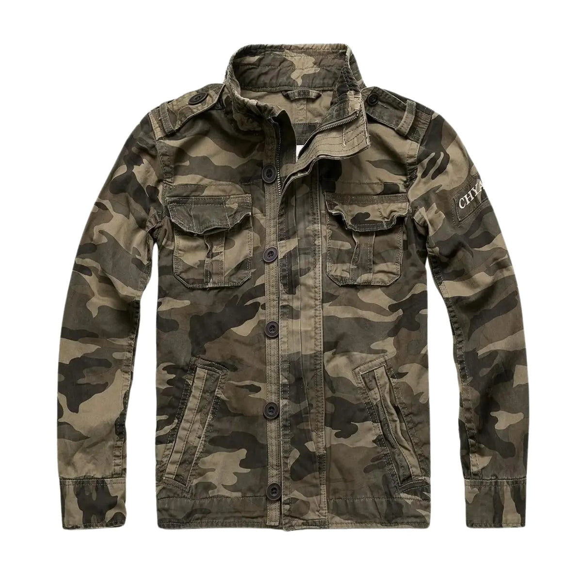 Brown Men's Denim Jacket with Button-Front Chest Pockets & Zip Closure