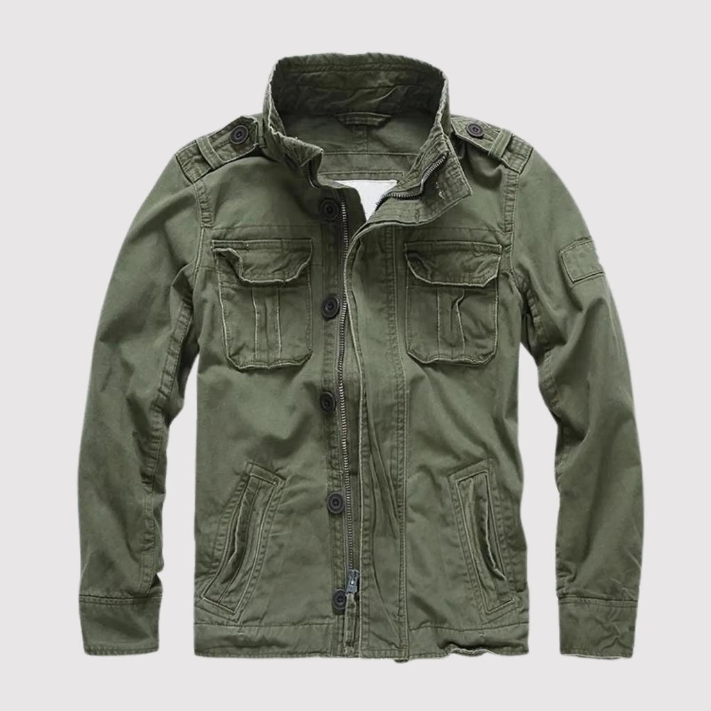 Dark Green Men's Denim Jacket with Button-Front Chest Pockets & Zip Closure - Front Full