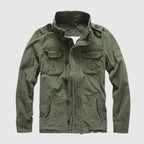 Dark Green Men's Denim Jacket with Button-Front Chest Pockets & Zip Closure - Front Full