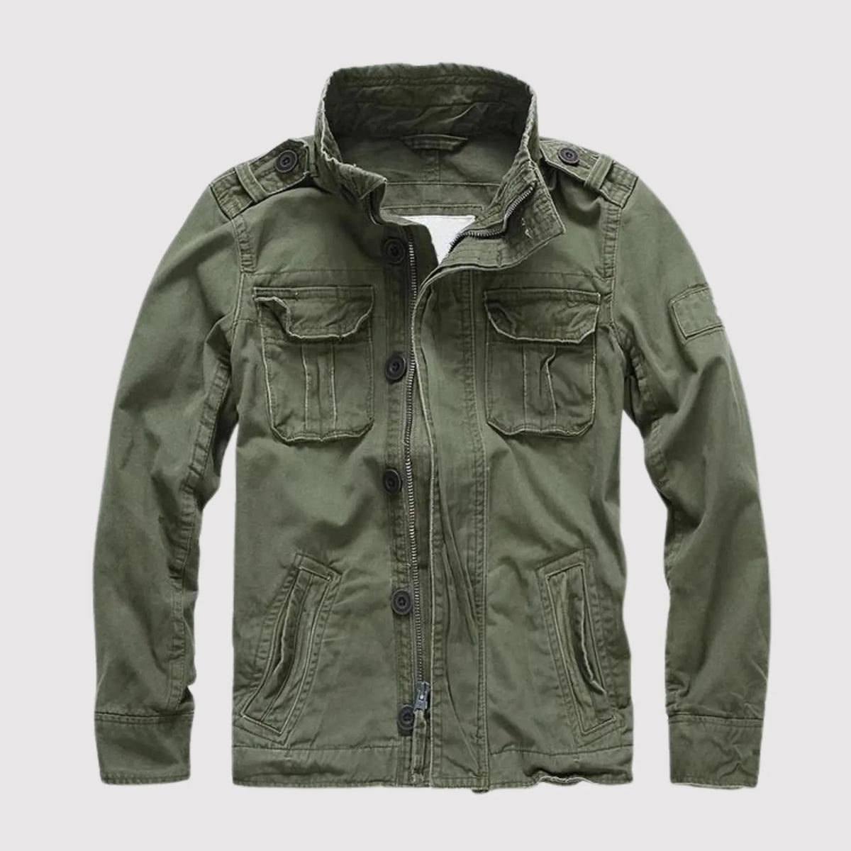 Dark Green Men's Denim Jacket with Button-Front Chest Pockets & Zip Closure - Front Full