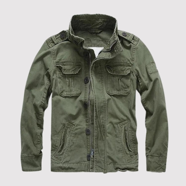 Dark Green Men's Denim Jacket with Button-Front Chest Pockets & Zip Closure - Front Full