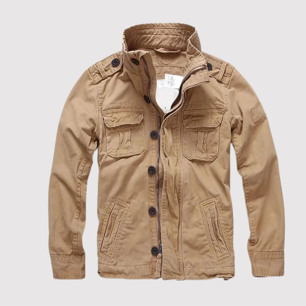 Khaki Men's Denim Jacket with Button-Front Chest Pockets & Zip Closure