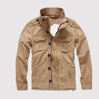 Khaki Men's Denim Jacket with Button-Front Chest Pockets & Zip Closure