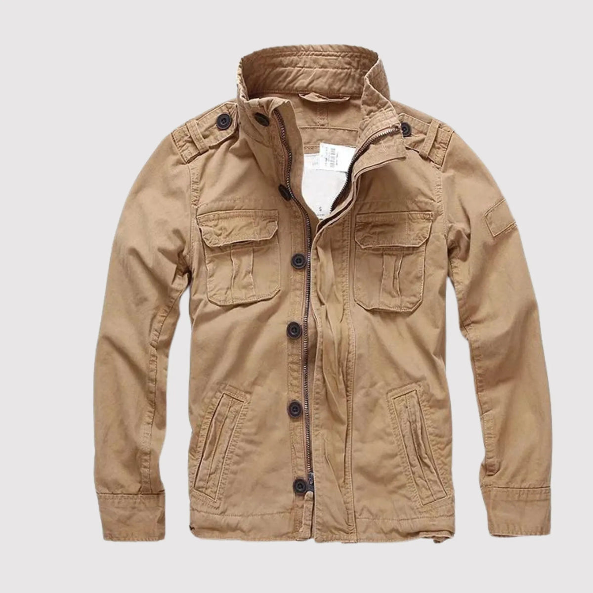 Khaki Men's Denim Jacket with Button-Front Chest Pockets & Zip Closure