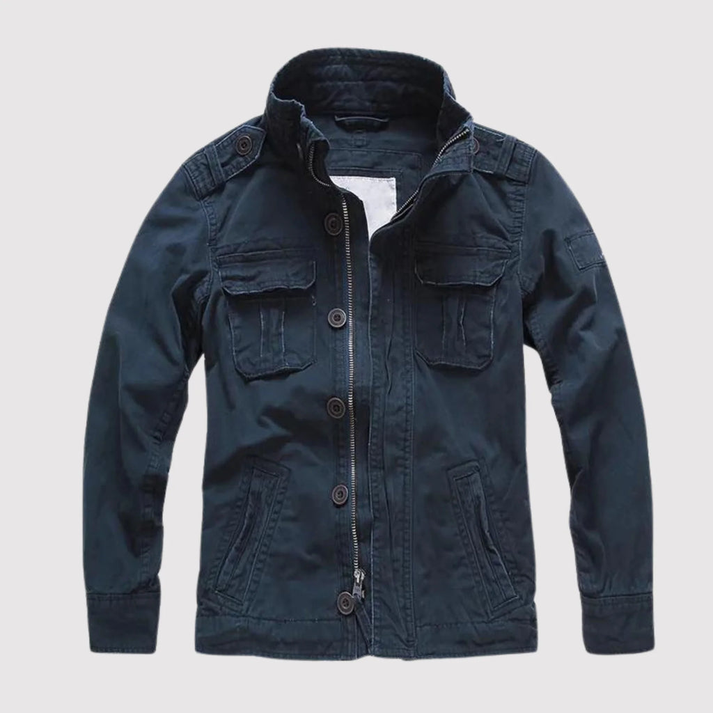 Dark Blue Men's Denim Jacket with Button-Front Chest Pockets & Zip Closure - Front Open Zip