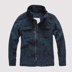 Dark Blue Men's Denim Jacket with Button-Front Chest Pockets & Zip Closure - Front Open Zip