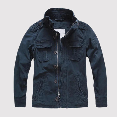Dark Blue Men's Denim Jacket with Button-Front Chest Pockets & Zip Closure - Front Open Zip