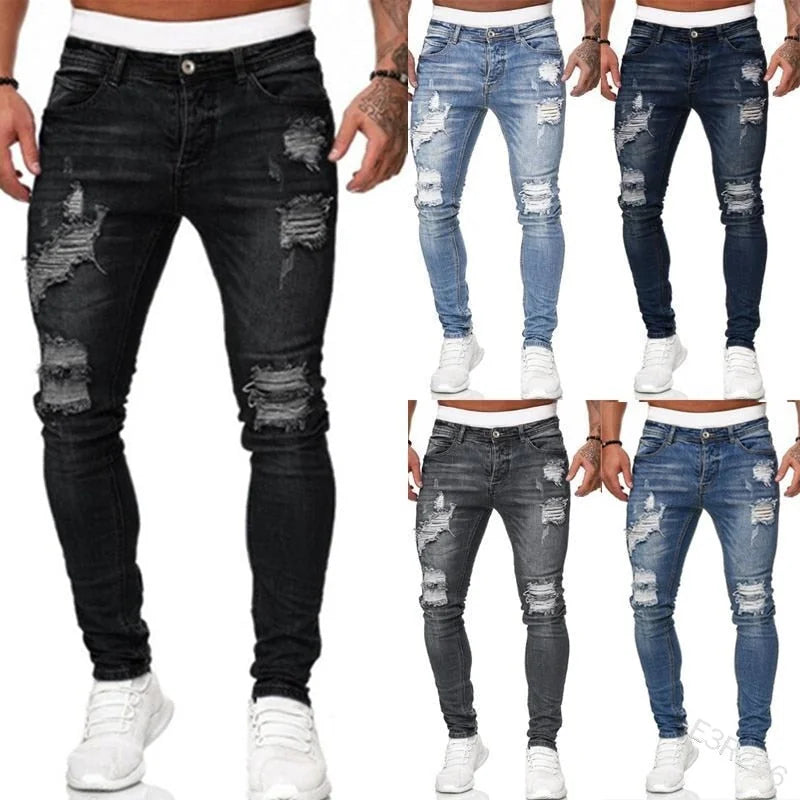 Black Men's Distressed Skinny Jeans — August Ripped Denim Stretch - Color Variants