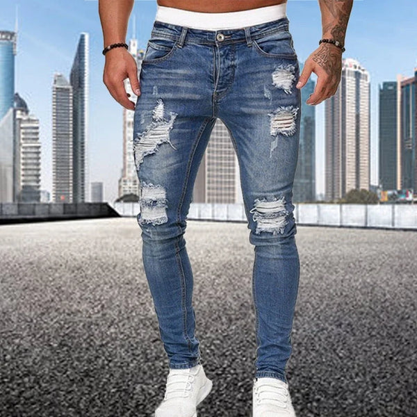 Blue Men's Distressed Skinny Jeans — August Ripped Denim Stretch - Front Full
