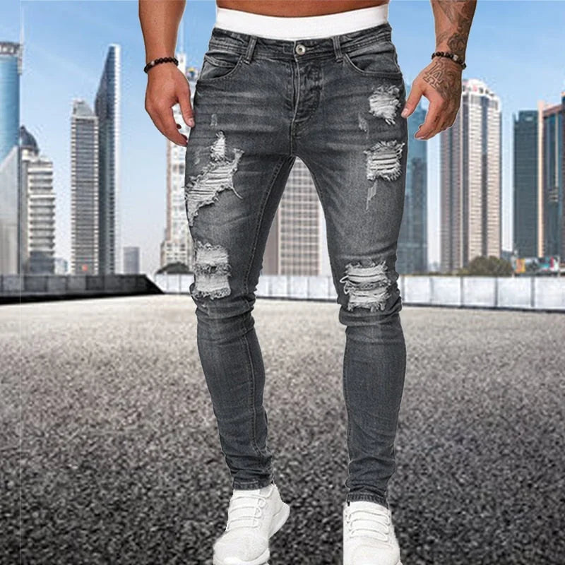 Grey Men's Distressed Skinny Jeans — August Ripped Denim Stretch - Front Pose