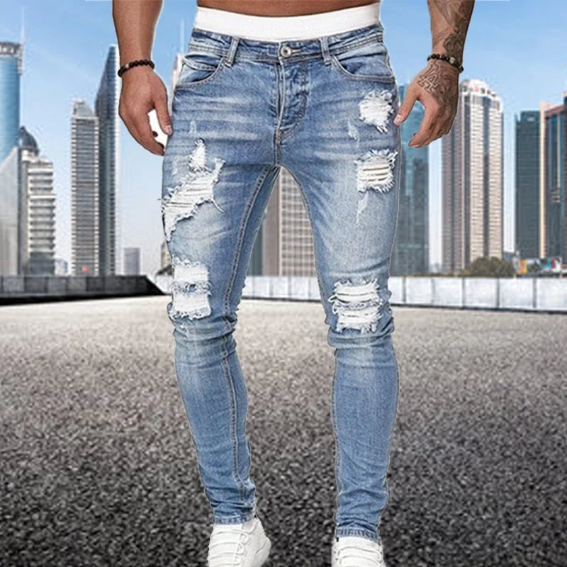 Light Blue Men's Distressed Skinny Jeans — August Ripped Denim Stretch - Studio Full