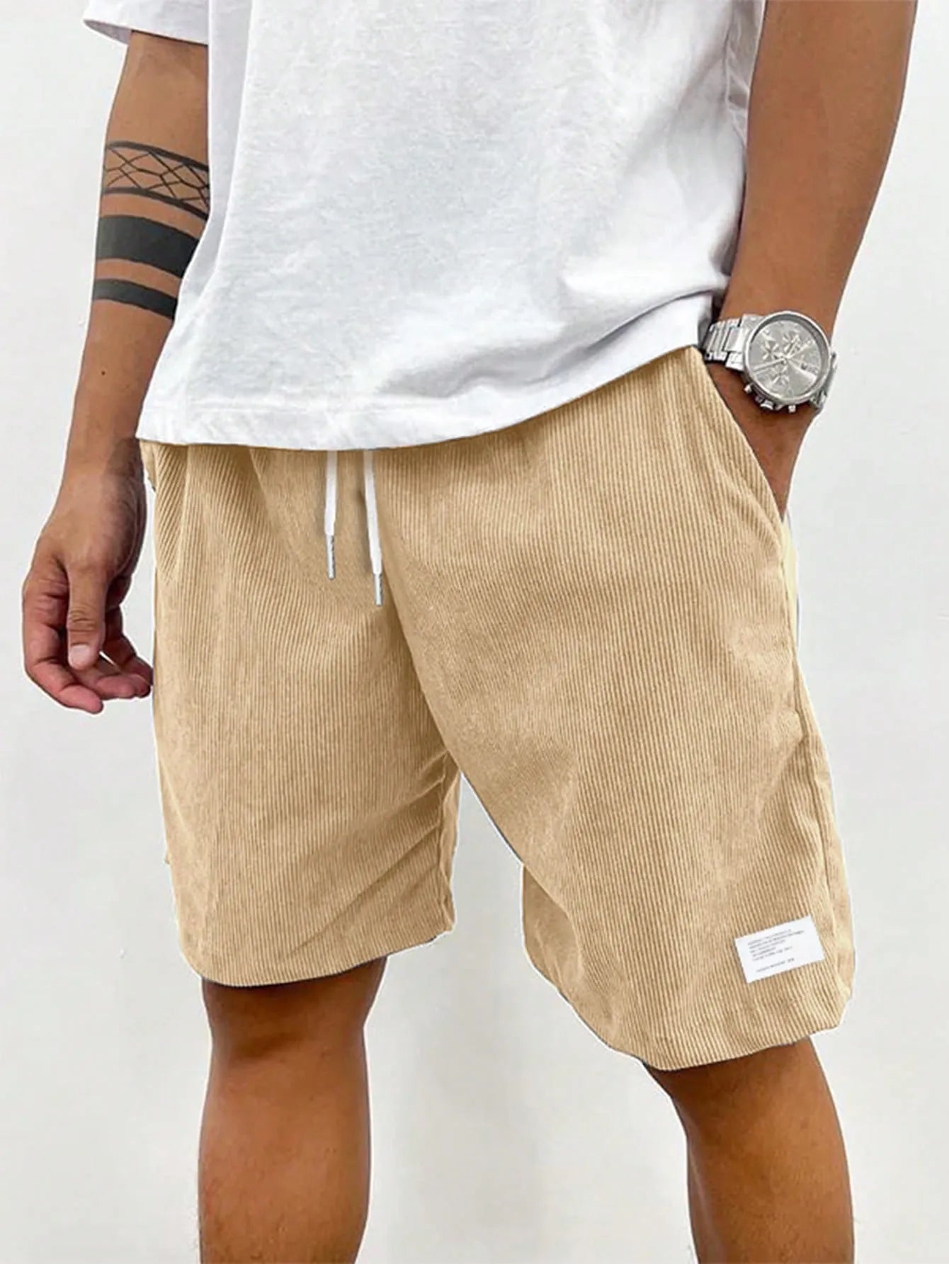 Beige Men's Drawstring Summer Shorts — Beckett Corduroy Casual Elastic Waist - Front Worn