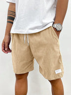 Beige Men's Drawstring Summer Shorts — Beckett Corduroy Casual Elastic Waist - Front Worn