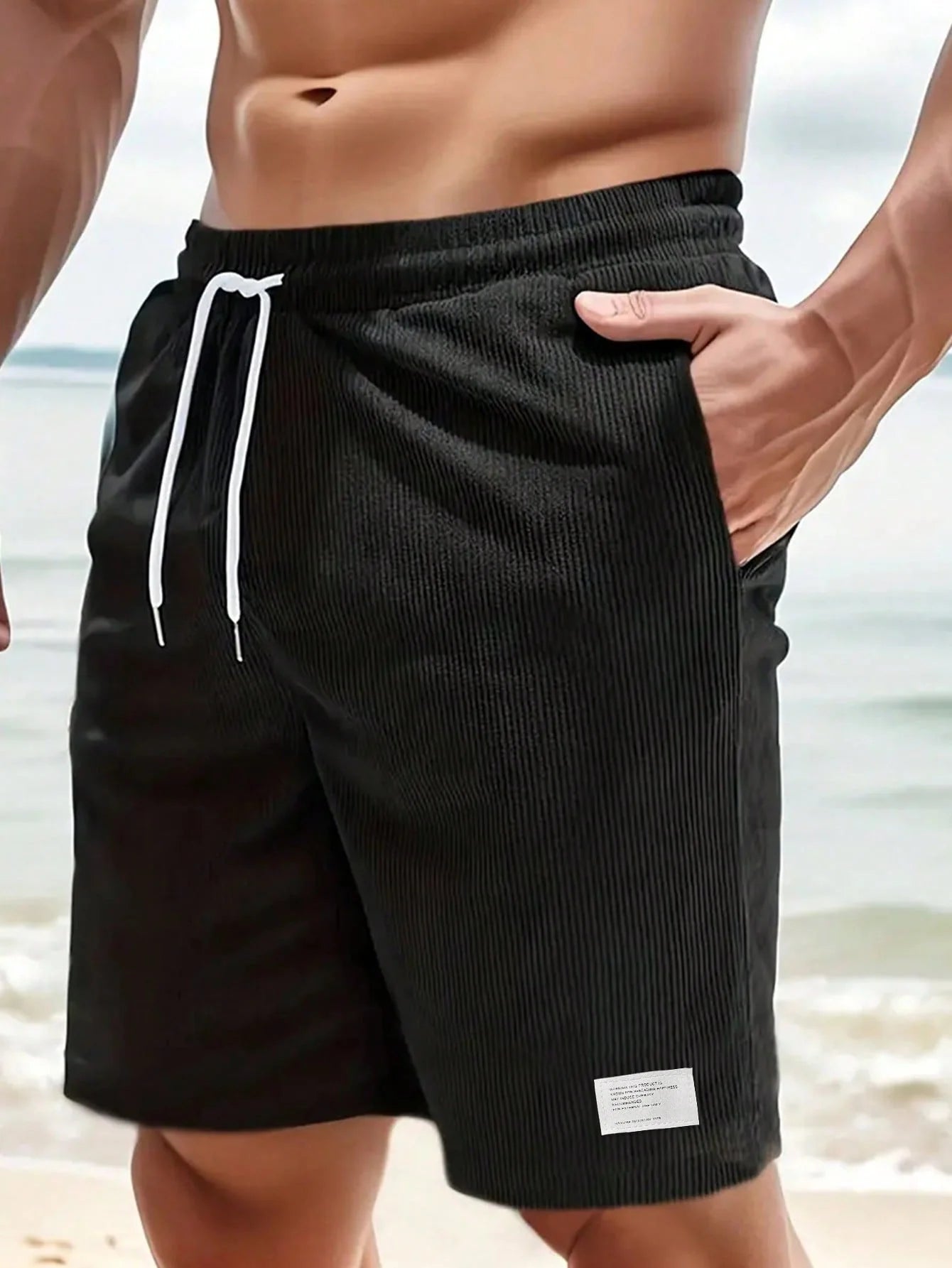 Black Men's Drawstring Summer Shorts — Beckett Corduroy Casual Elastic Waist - Beach Lifestyle