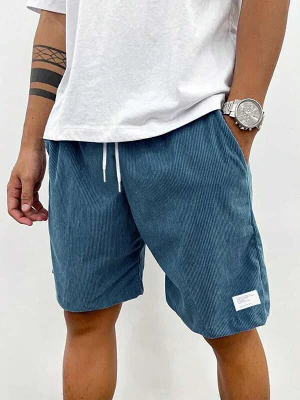Blue Men's Drawstring Summer Shorts — Beckett Corduroy Casual Elastic Waist - Front Full