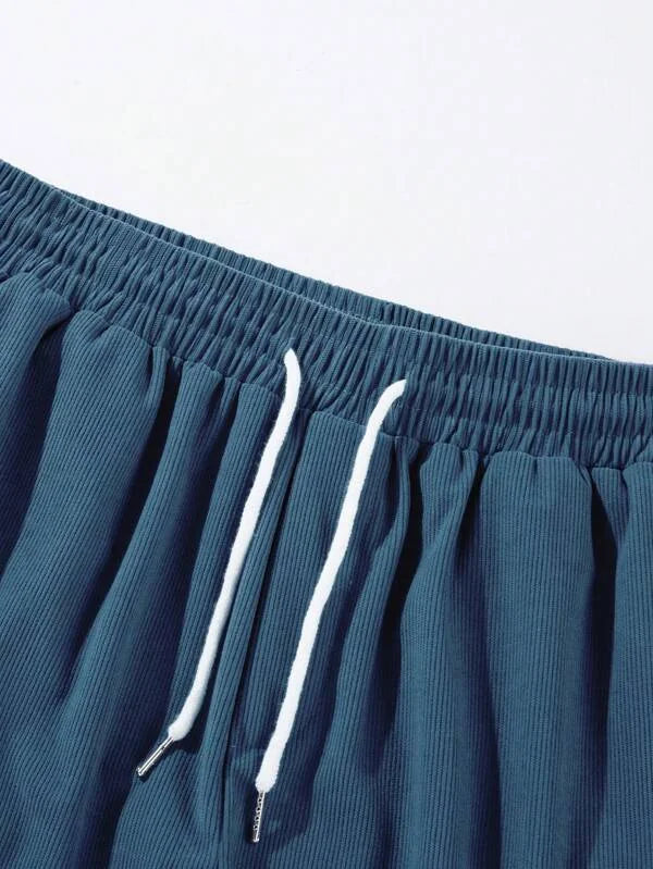 Blue Men's Drawstring Summer Shorts — Beckett Corduroy Casual Elastic Waist - Waistband Close Up