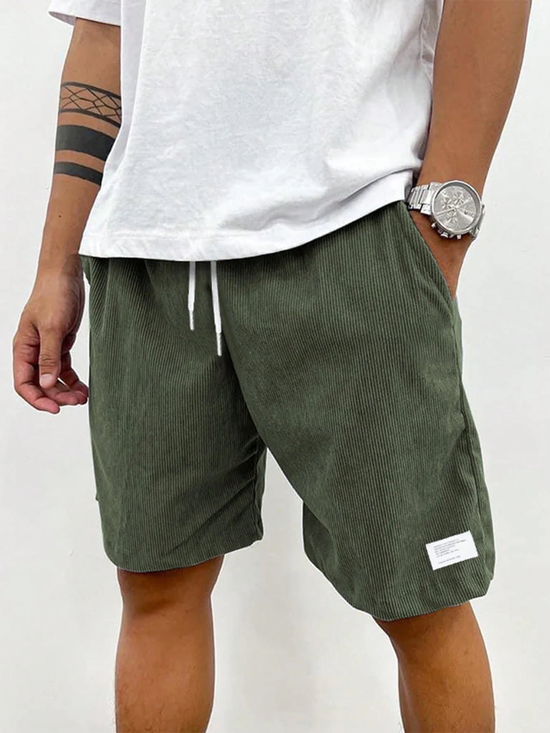 Green Men's Drawstring Summer Shorts — Beckett Corduroy Casual Elastic Waist - Front Casual