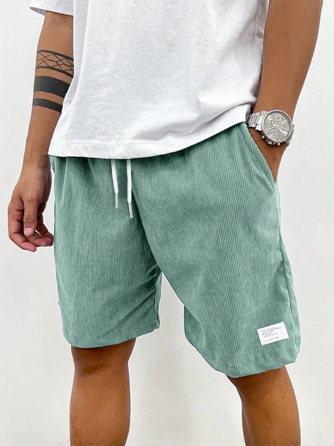 Light Green Men's Drawstring Summer Shorts — Beckett Corduroy Casual Elastic Waist - Front Full Alt