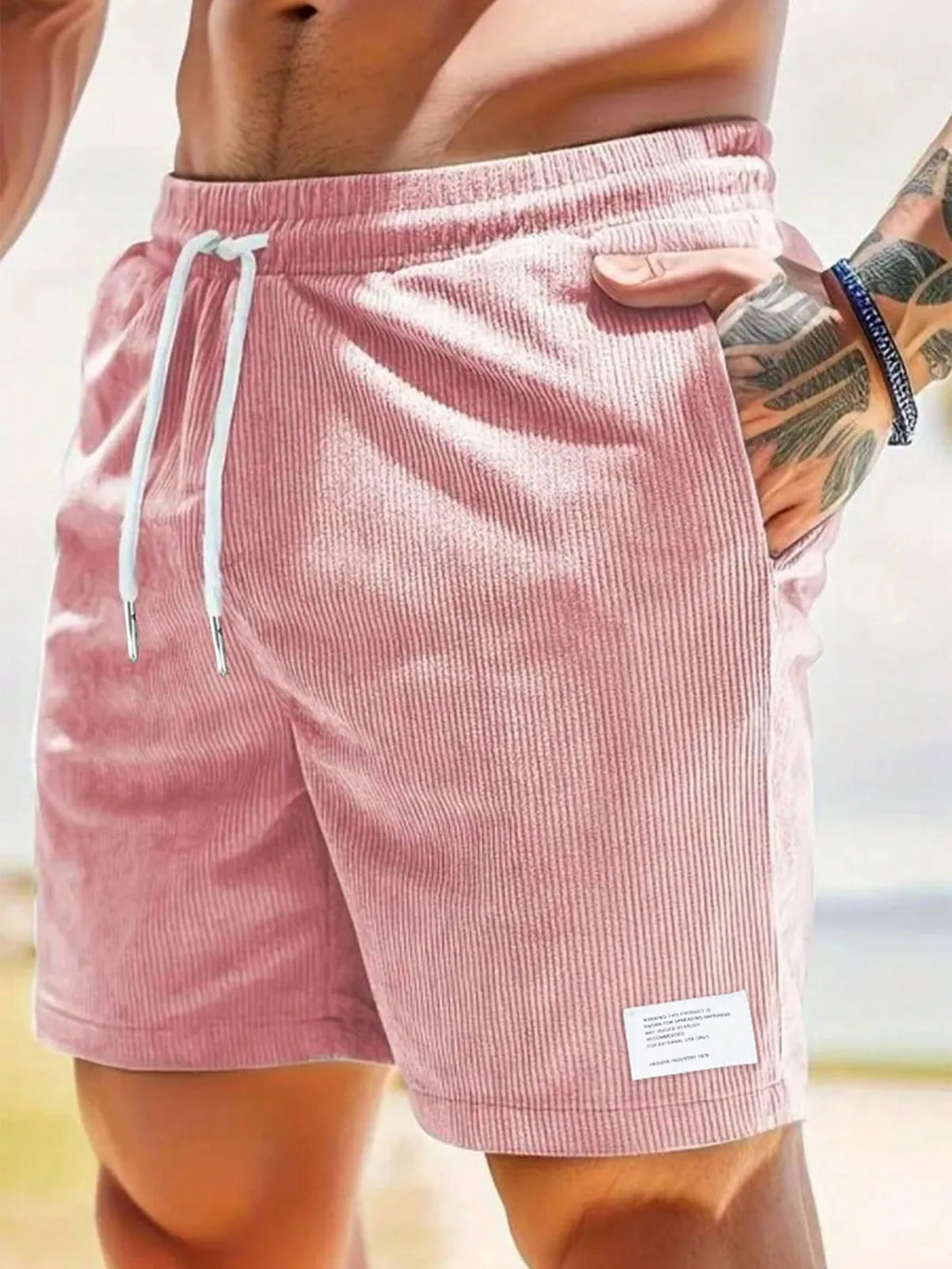 Pink Men's Drawstring Summer Shorts — Beckett Corduroy Casual Elastic Waist - Beach Pose