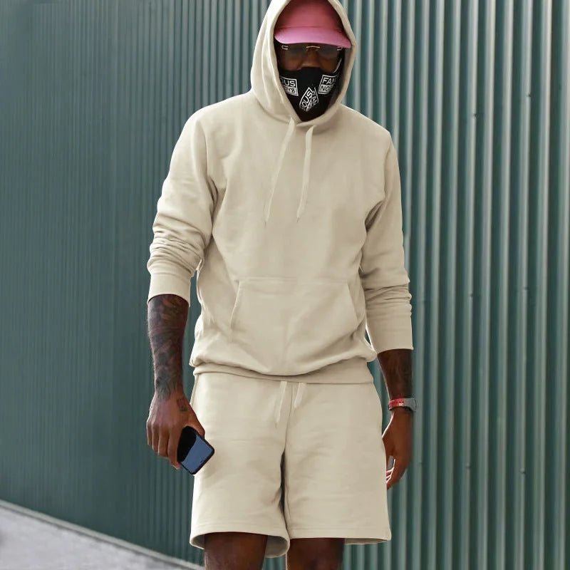 Apricot Men's Hoodie and Shorts Two Piece Set in French Terry with Kangaroo Pocket