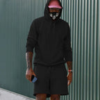 Black Men's Hoodie and Shorts Two Piece Set in French Terry with Kangaroo Pocket