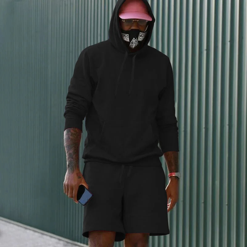 Black Men's Hoodie and Shorts Two Piece Set in French Terry with Kangaroo Pocket