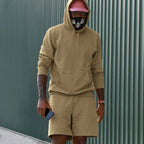 Camel Men's Hoodie and Shorts Two Piece Set in French Terry with Kangaroo Pocket