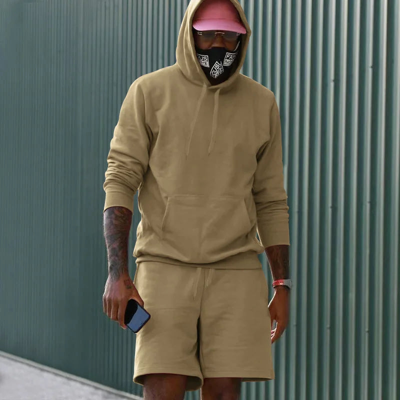 Camel Men's Hoodie and Shorts Two Piece Set in French Terry with Kangaroo Pocket