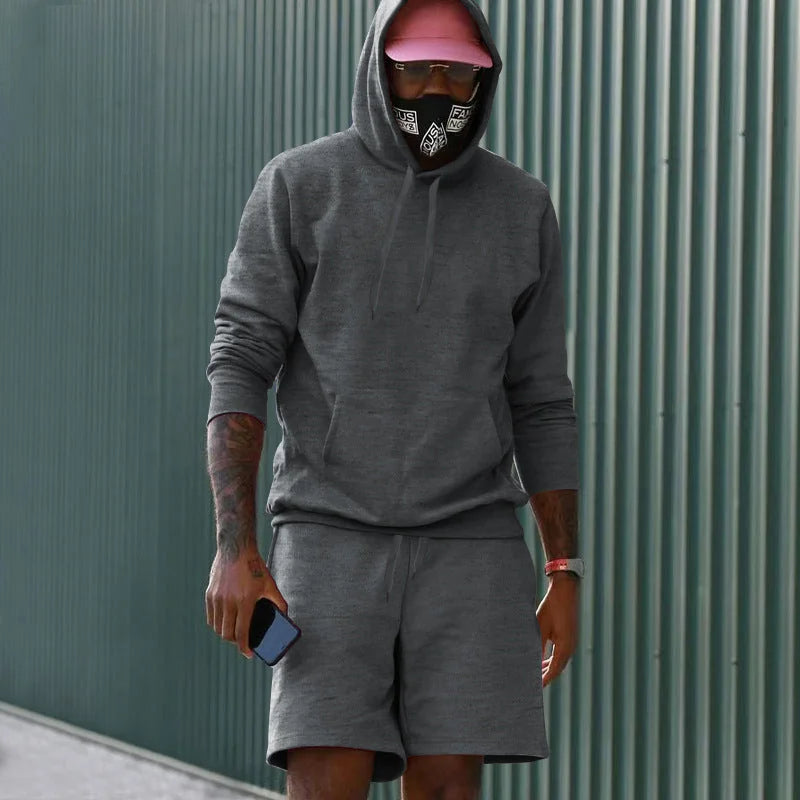 Dark gray Men's Hoodie and Shorts Two Piece Set in French Terry with Kangaroo Pocket