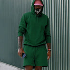 Dark green Men's Hoodie and Shorts Two Piece Set in French Terry with Kangaroo Pocket