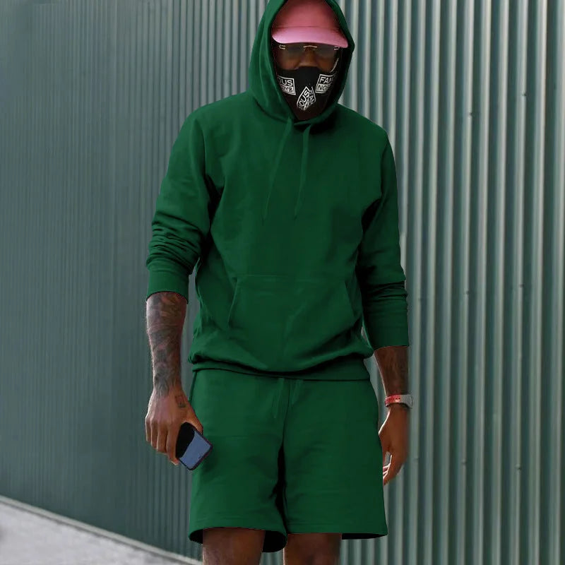Dark green Men's Hoodie and Shorts Two Piece Set in French Terry with Kangaroo Pocket
