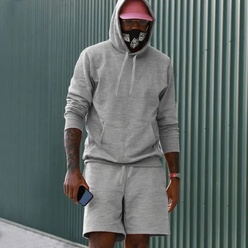Light Grey Men's Hoodie and Shorts Two Piece Set in French Terry with Kangaroo Pocket — Louis