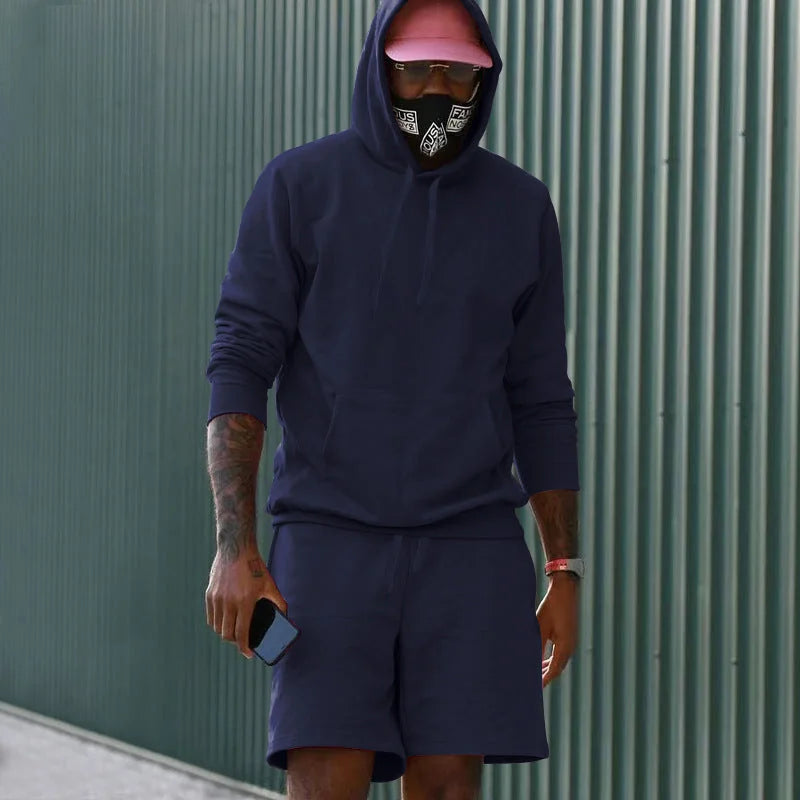 Navy blue Men's Hoodie and Shorts Two Piece Set in French Terry with Kangaroo Pocket
