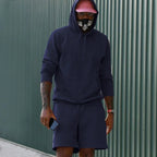 Navy blue Men's Hoodie and Shorts Two Piece Set in French Terry with Kangaroo Pocket