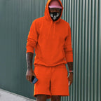 Orange Men's Hoodie and Shorts Two Piece Set in French Terry with Kangaroo Pocket