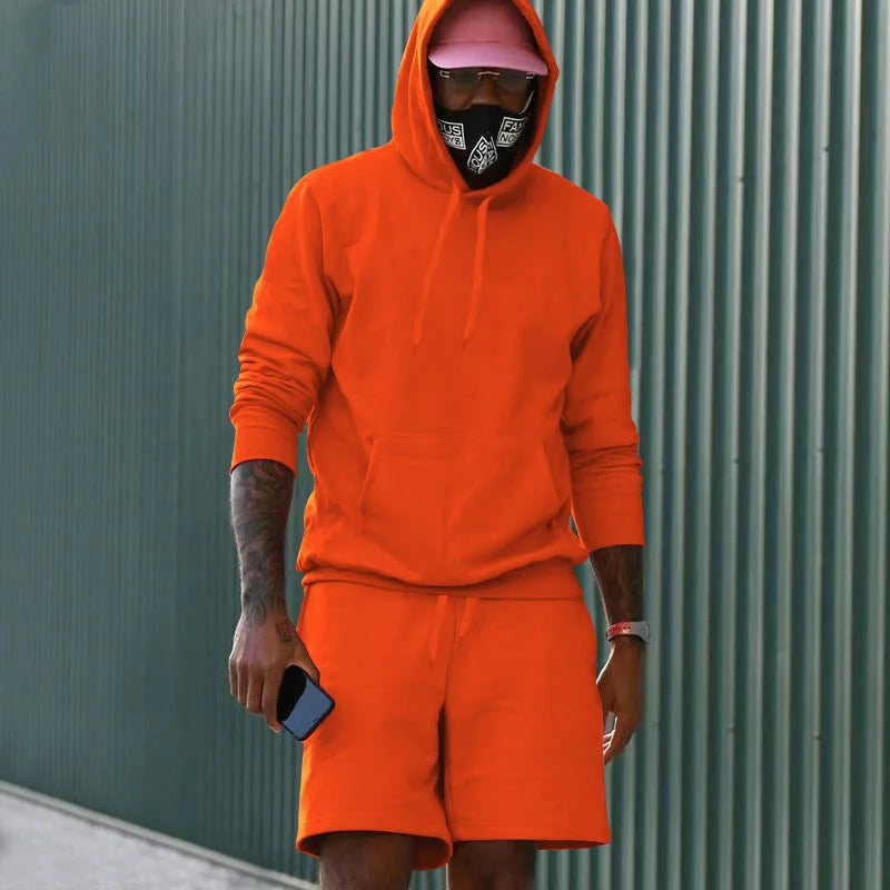 Orange Men's Hoodie and Shorts Two Piece Set in French Terry with Kangaroo Pocket