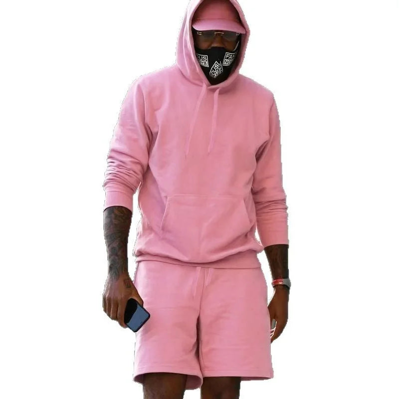 Pink Men's Hoodie and Shorts Two Piece Set in French Terry with Kangaroo Pocket — Louis - Studio Standing