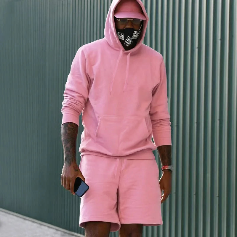 Pink Men's Hoodie and Shorts Two Piece Set in French Terry with Kangaroo Pocket — Louis