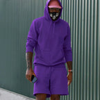 Purple Men's Hoodie and Shorts Two Piece Set in French Terry with Kangaroo Pocket — Louis - Outdoor Relaxed Stance