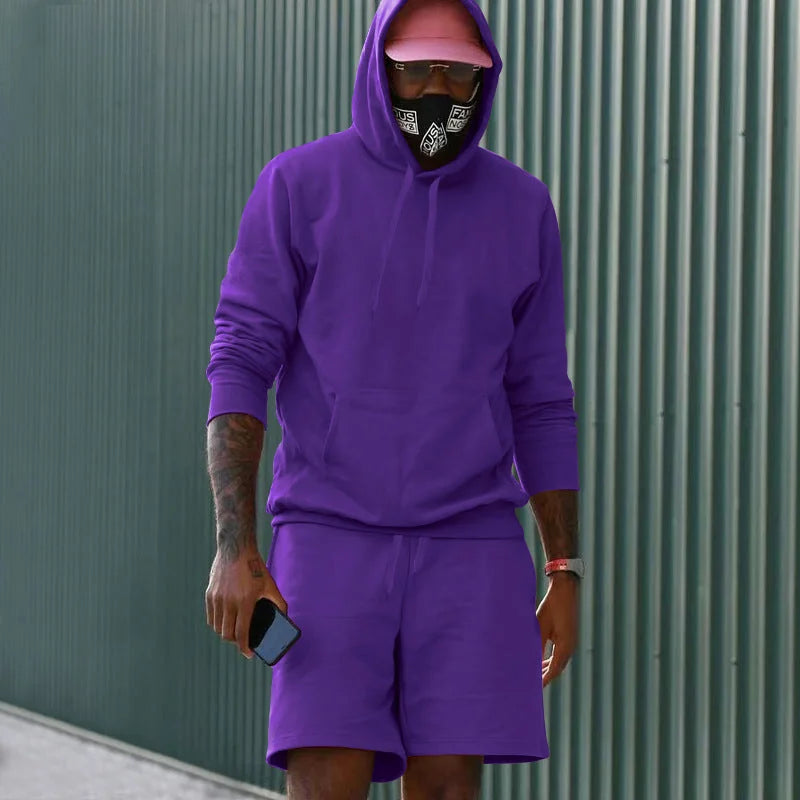 Purple Men's Hoodie and Shorts Two Piece Set in French Terry with Kangaroo Pocket — Louis - Outdoor Relaxed Stance