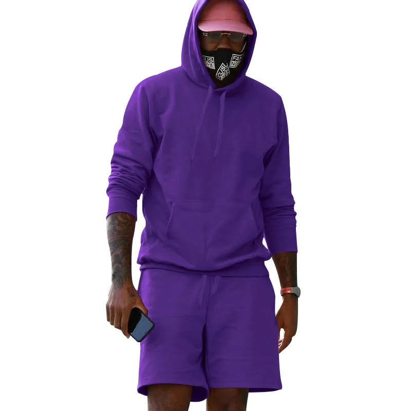 Purple Men's Hoodie and Shorts Two Piece Set in French Terry with Kangaroo Pocket - Studio Front Full