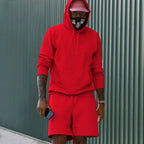 Red Men's Hoodie and Shorts Two Piece Set in French Terry with Kangaroo Pocket