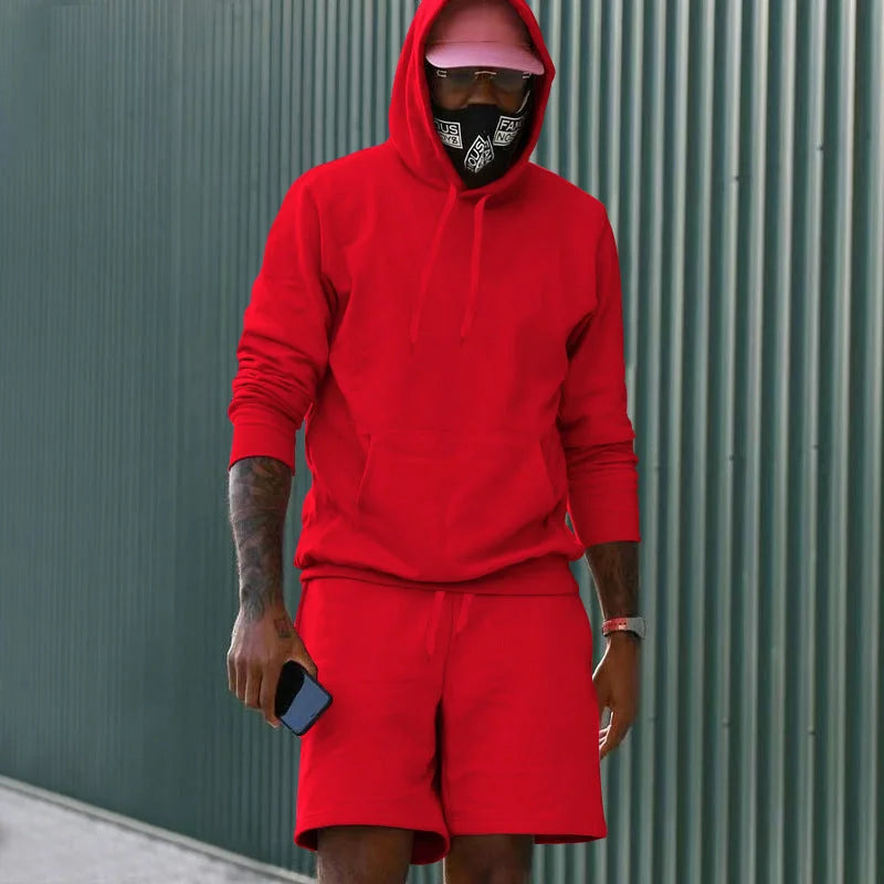 Red Men's Hoodie and Shorts Two Piece Set in French Terry with Kangaroo Pocket