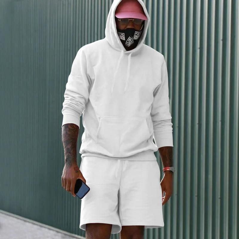 White Men's Hoodie and Shorts Two Piece Set in French Terry with Kangaroo Pocket