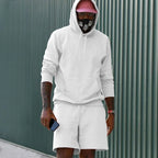 White Men's Hoodie and Shorts Two Piece Set in French Terry with Kangaroo Pocket