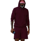 Wine Men's Hoodie and Shorts Two Piece Set in French Terry with Kangaroo Pocket — Louis - Red Studio Full Body